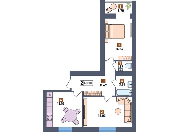 ЖК Первый квартал: планировка 2-комнатной квартиры 68.38 м²