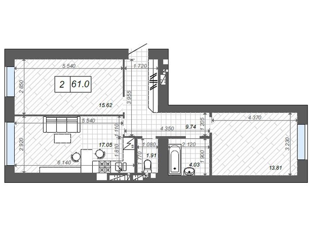 ЖК Новые Метры Center: планировка 2-комнатной квартиры 61.5 м²