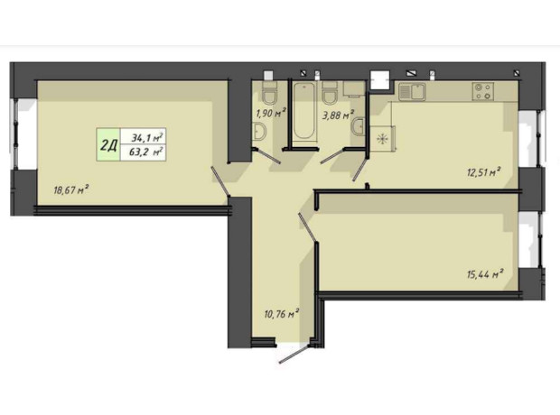 ЖК Львовский: планировка 2-комнатной квартиры 63.2 м²