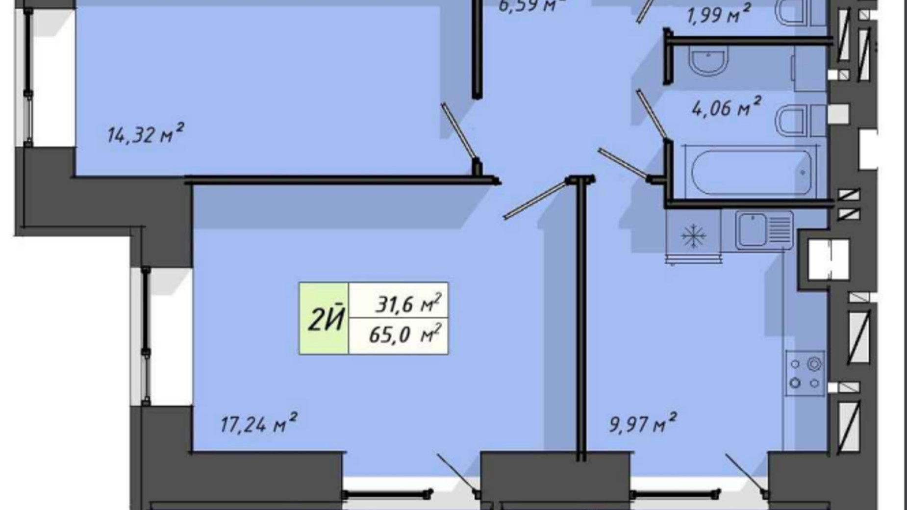 Планування 2-кімнатної квартири в ЖК Львівський 65 м², фото 572810