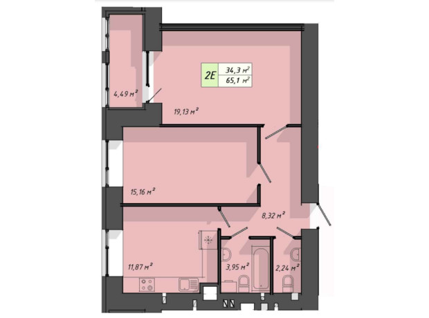 ЖК Львовский: планировка 2-комнатной квартиры 65.1 м²