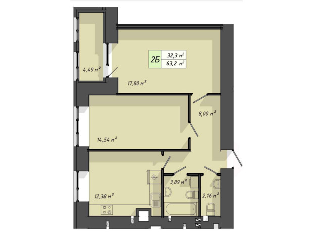 ЖК Львовский: планировка 2-комнатной квартиры 63.2 м²