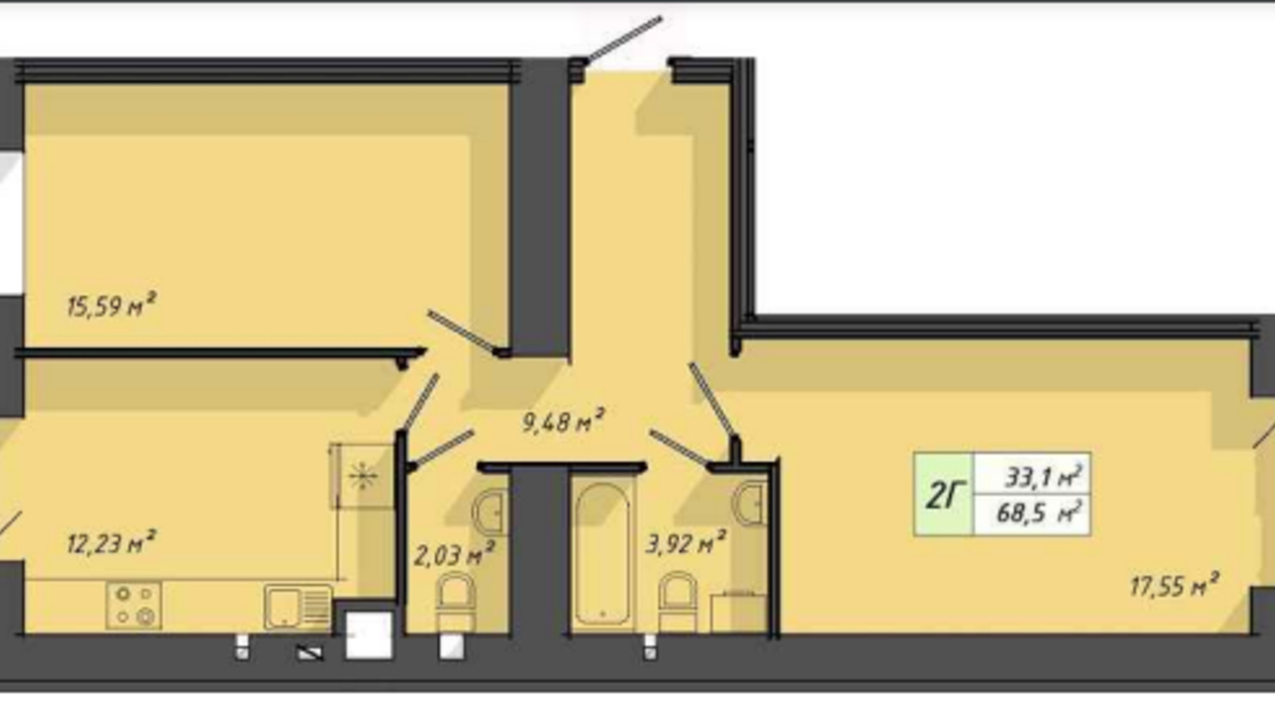 Планировка 2-комнатной квартиры в ЖК Львовский 68.5 м², фото 572821