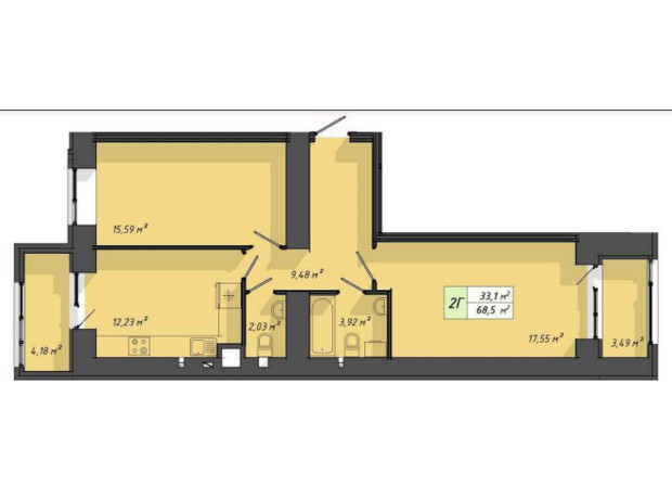 ЖК Львовский: планировка 2-комнатной квартиры 68.5 м²