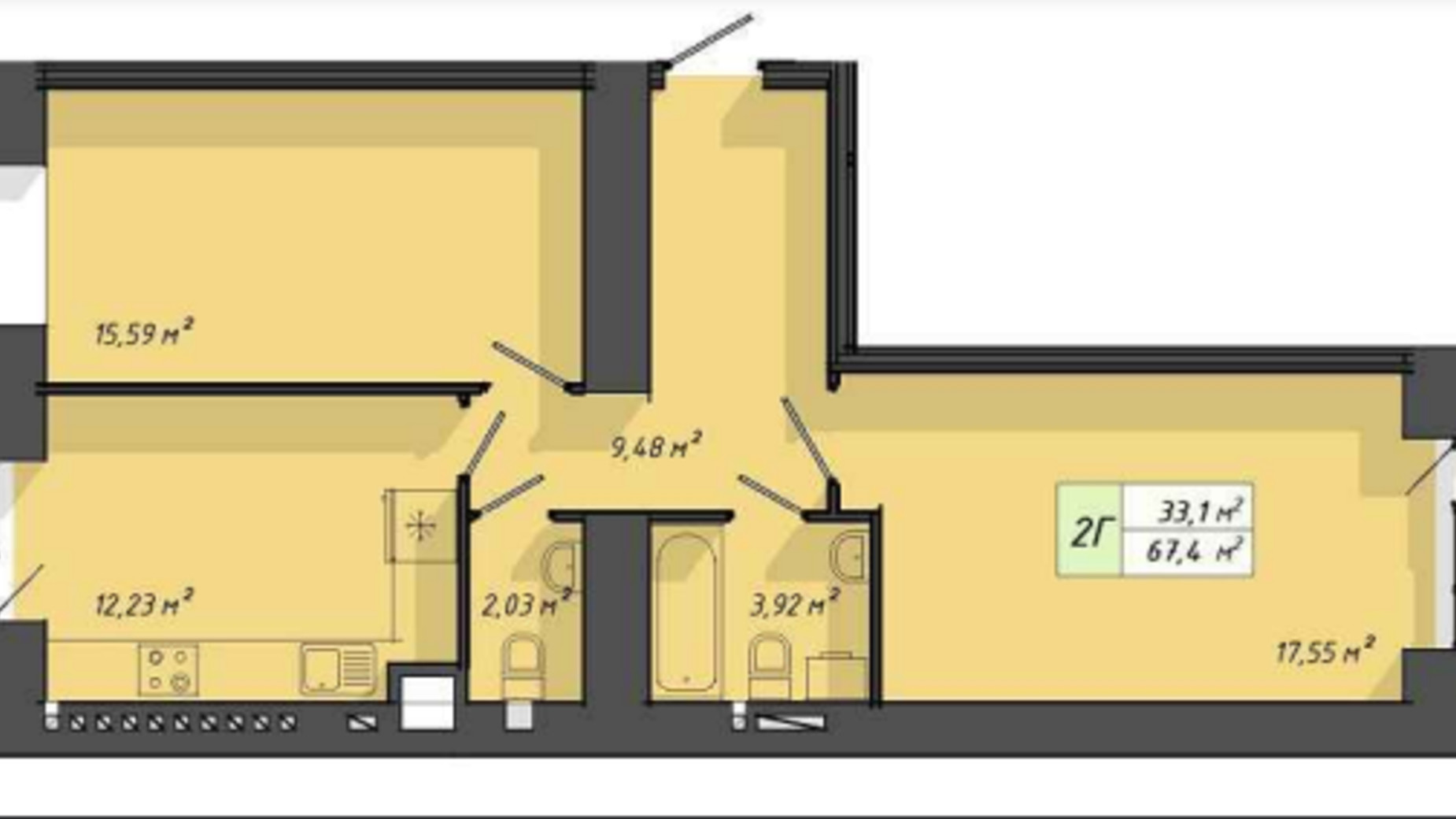 Планировка 2-комнатной квартиры в ЖК Львовский 67.4 м², фото 572822