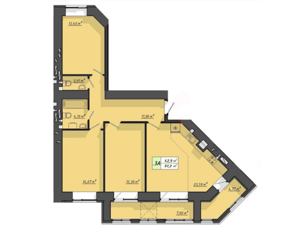 ЖК Львовский: планировка 3-комнатной квартиры 97.2 м²
