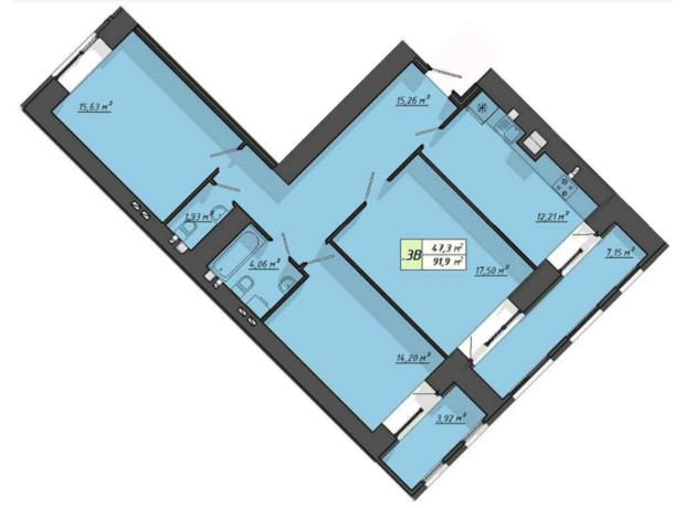 ЖК Львовский: планировка 3-комнатной квартиры 91.9 м²