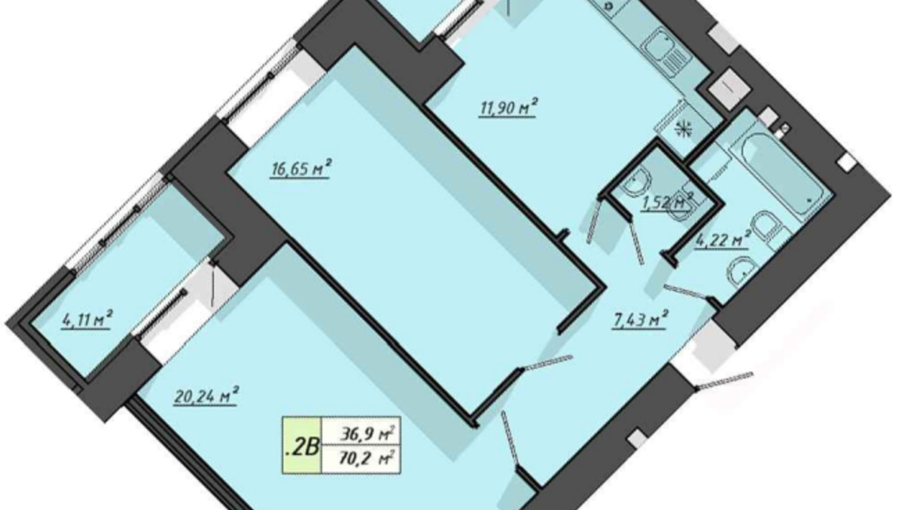 Планировка 2-комнатной квартиры в ЖК Львовский 70.2 м², фото 572841