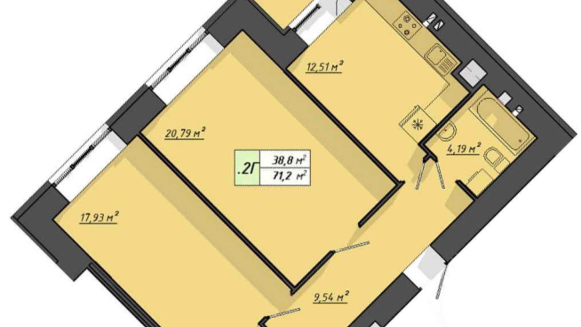 Планировка 2-комнатной квартиры в ЖК Львовский 71.2 м², фото 572842