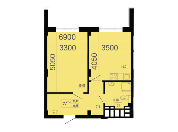 ЖК Фаворит: планування 1-кімнатної квартири 46.25 м²