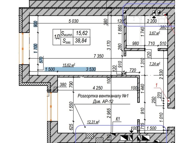 ЖК Молодость: планировка 1-комнатной квартиры 39.3 м²