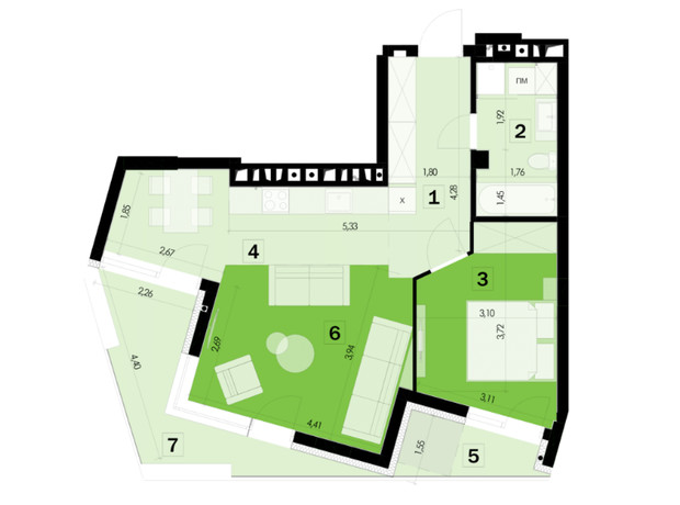 ЖК 111 Zelena: планировка 2-комнатной квартиры 56.8 м²
