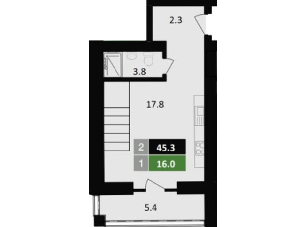 ЖК Парковий: планування 1-кімнатної квартири 45.3 м²