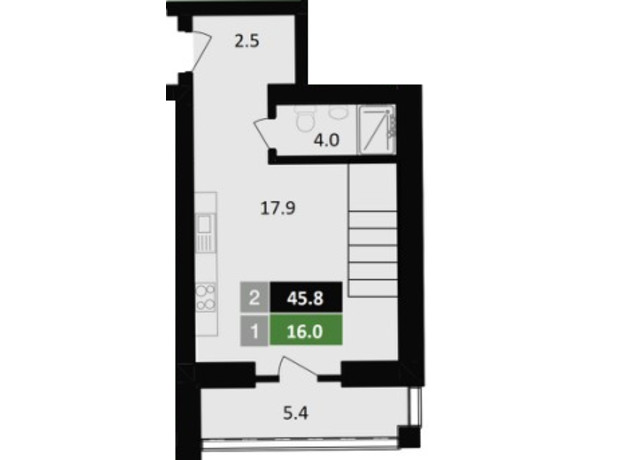 ЖК Парковий: планування 1-кімнатної квартири 45.8 м²