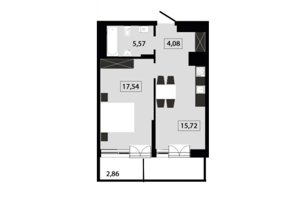 ЖК Five Address: планування 1-кімнатної квартири 45.47 м²
