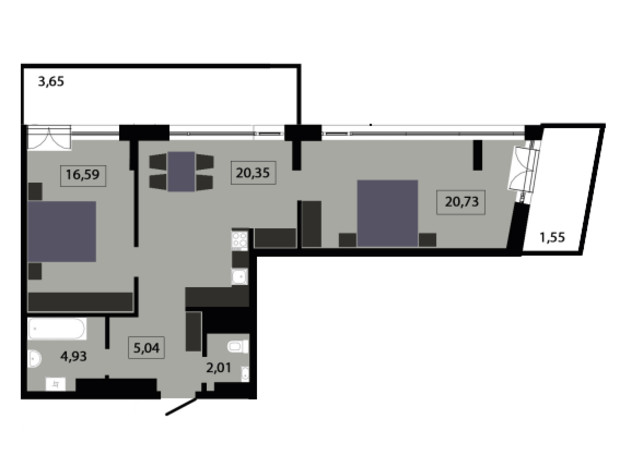 ЖК Five Address: планування 2-кімнатної квартири 74.85 м²