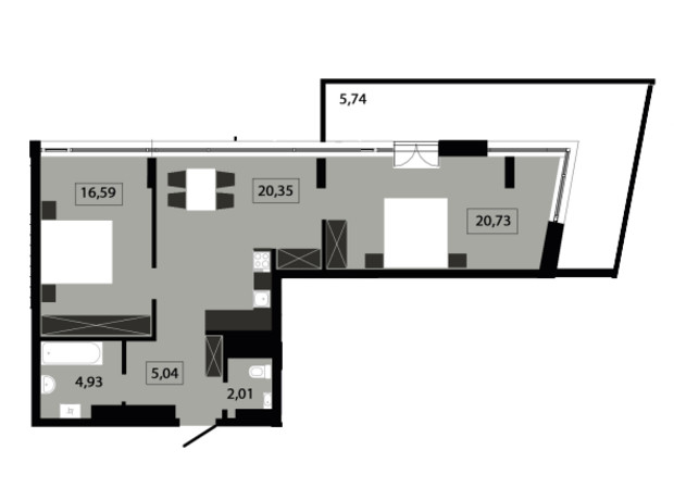 ЖК Five Address: планування 2-кімнатної квартири 75.39 м²