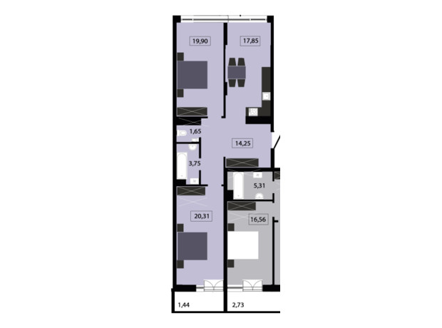 ЖК Five Address: планування 2-кімнатної квартири 79.15 м²