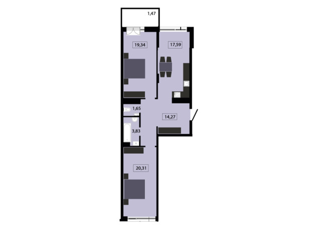 ЖК Five Address: планування 2-кімнатної квартири 79.18 м²