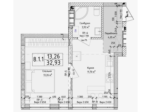 ЖК Struetinsky Residence: планування 1-кімнатної квартири 32.93 м²