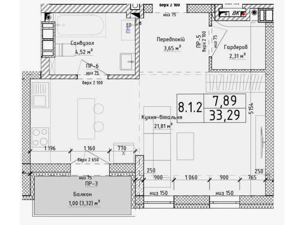 ЖК Struetinsky Residence: планировка 1-комнатной квартиры 33.29 м²