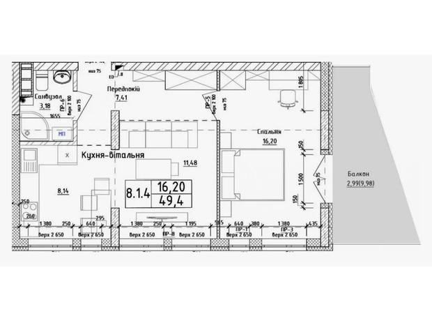 ЖК Struetinsky Residence: планування 2-кімнатної квартири 49.4 м²