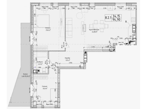 ЖК Struetinsky Residence: планировка 2-комнатной квартиры 94.9 м²