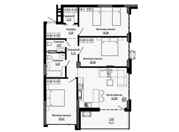 ЖК Pusha house: планування 3-кімнатної квартири 96.92 м²