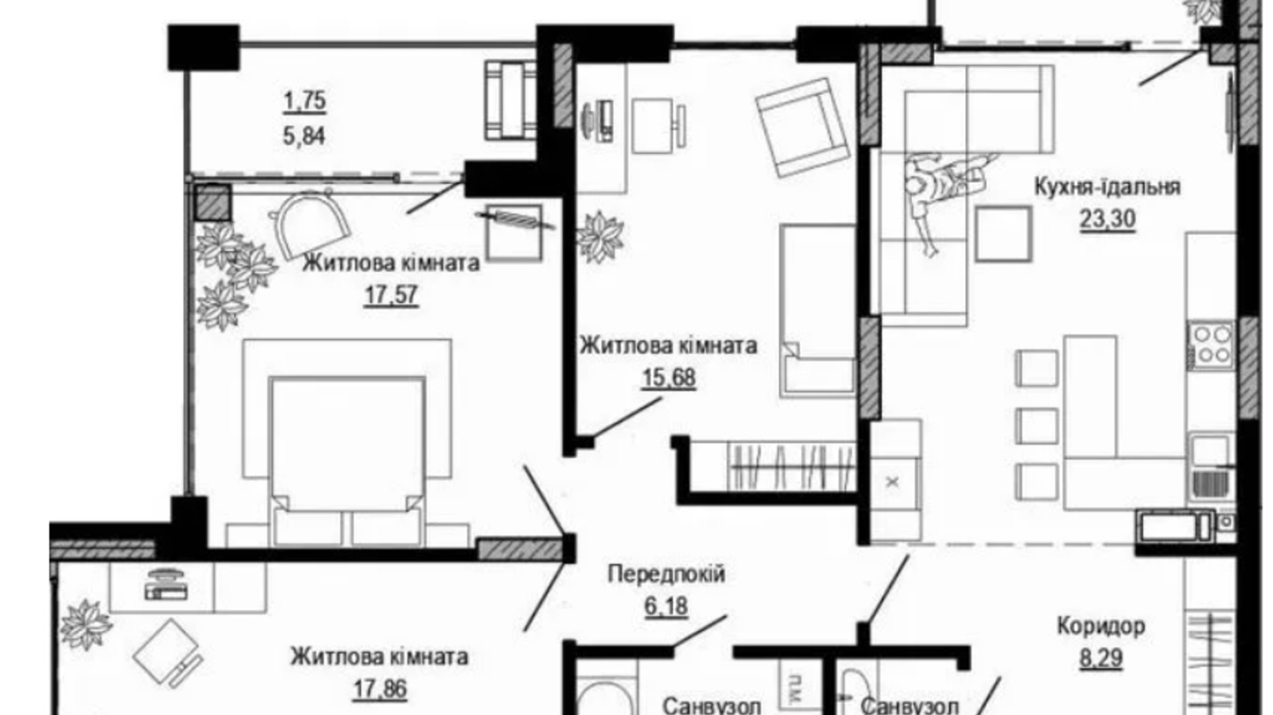 Планировка 3-комнатной квартиры в ЖК Pusha house 100.69 м², фото 574131
