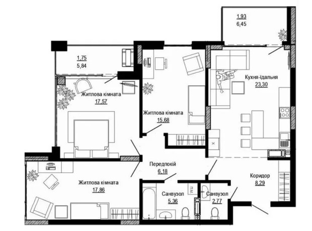 ЖК Pusha house: планировка 3-комнатной квартиры 100.69 м²