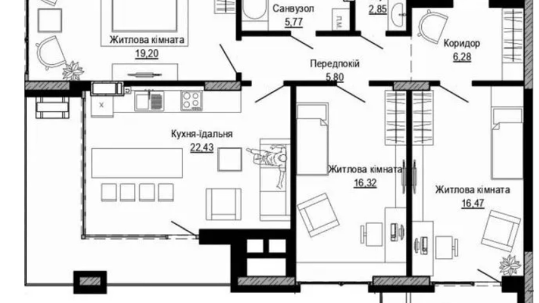 Планировка 3-комнатной квартиры в ЖК Pusha house 101.01 м², фото 574133