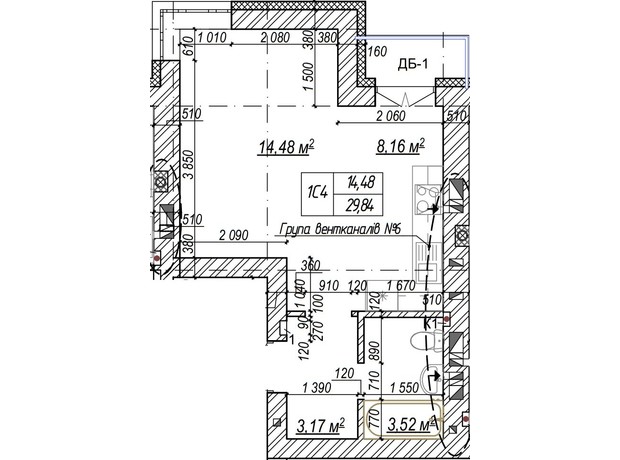 ЖК Молодість: планування 1-кімнатної квартири 29.84 м²