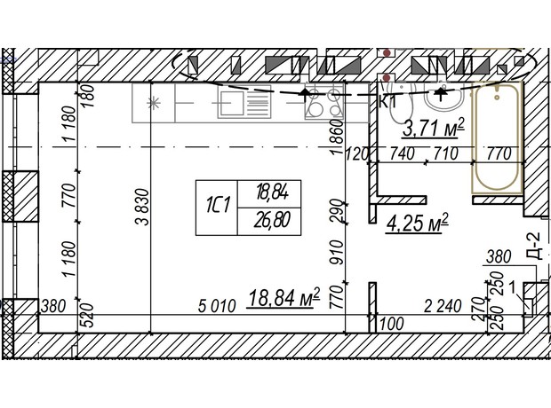 ЖК Молодость: планировка 1-комнатной квартиры 26.8 м²