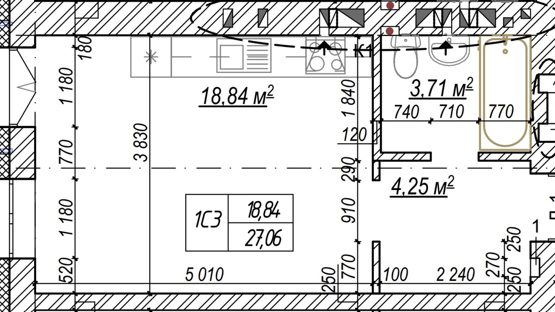 Планування квартири студії в ЖК Молодість 26.8 м², фото 574159