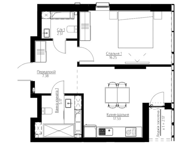 ЖК Happy House: планування 1-кімнатної квартири 51.01 м²