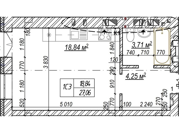 ЖК Молодість: планування 1-кімнатної квартири 27.2 м²