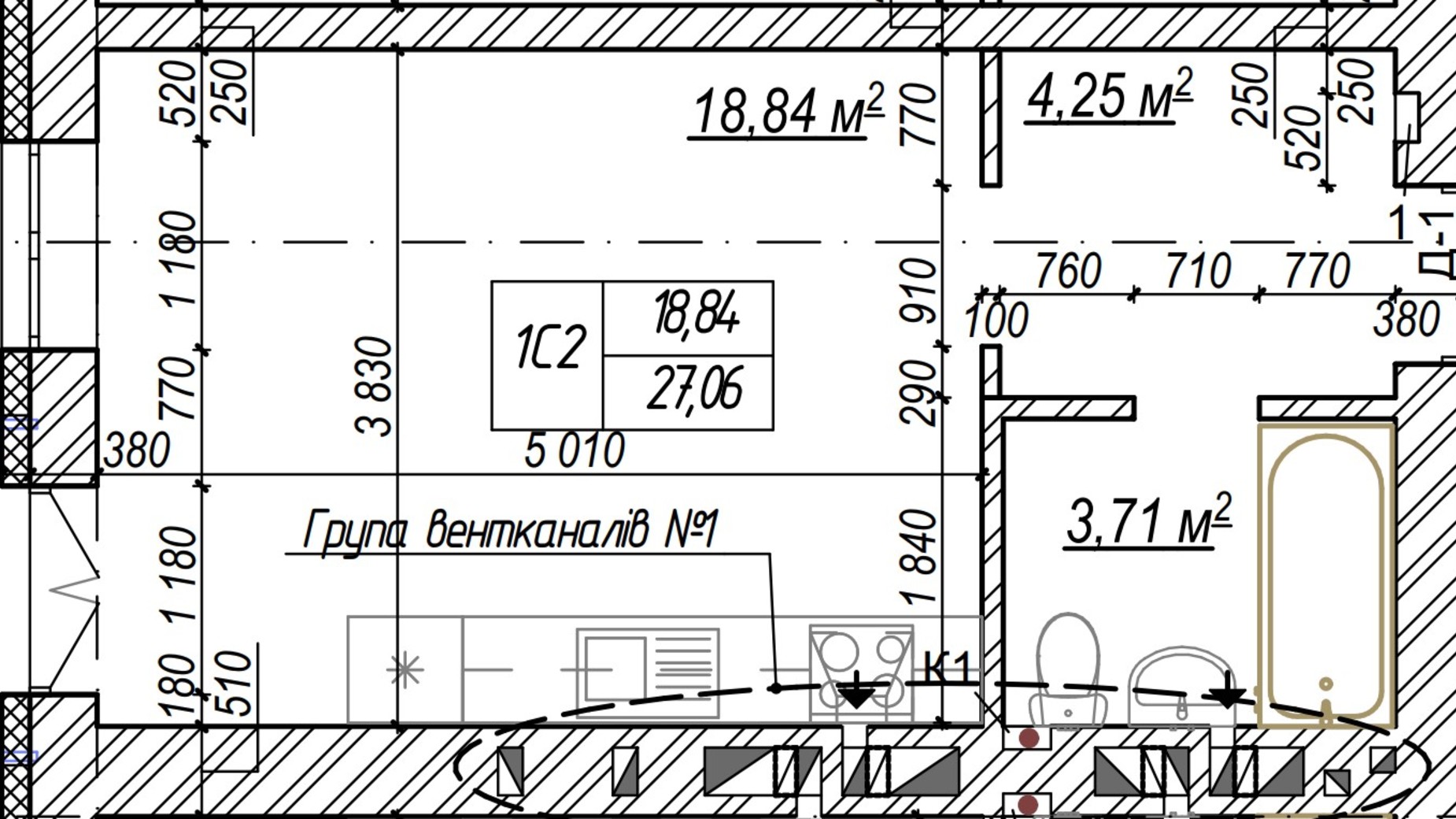 Планування квартири студії в ЖК Молодість 27.1 м², фото 574164