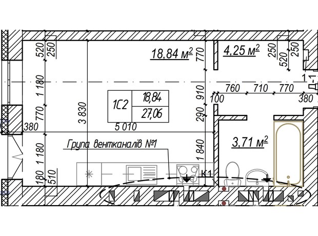 ЖК Молодість: планування 1-кімнатної квартири 26.8 м²