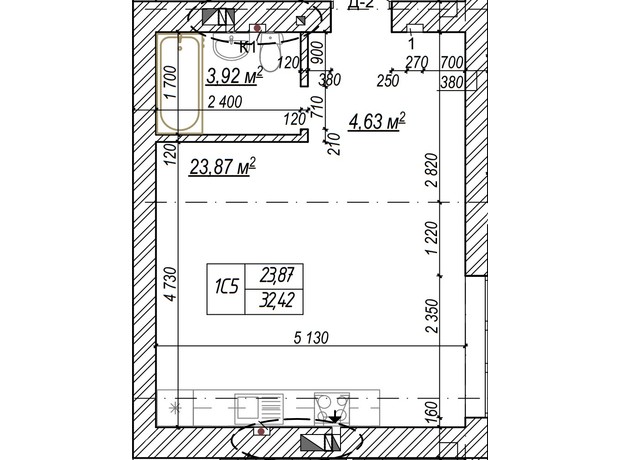ЖК Молодість: планування 1-кімнатної квартири 32.9 м²