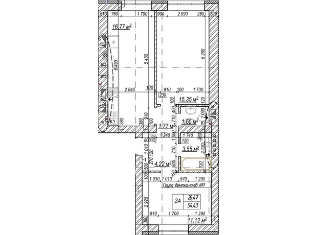 ЖК Молодость: планировка 2-комнатной квартиры 55.3 м²