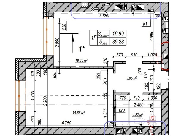 ЖК Молодость: планировка 1-комнатной квартиры 39.28 м²