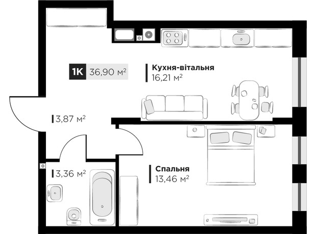 ЖК SILENT PARK: планування 1-кімнатної квартири 36.9 м²