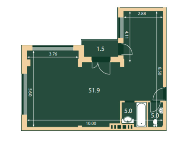 ЖК Hidden: планировка 2-комнатной квартиры 63.4 м²