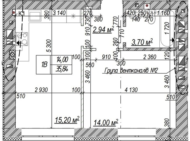 ЖК Молодість: планування 1-кімнатної квартири 35.7 м²