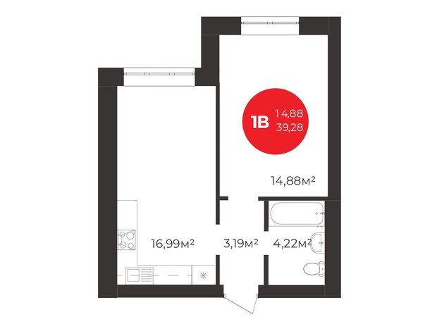 ЖК Молодость: планировка 1-комнатной квартиры 39.28 м²