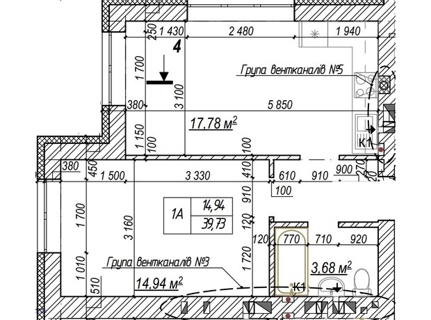 ЖК Молодість: планування 1-кімнатної квартири 39.73 м²