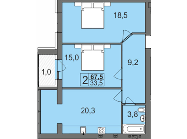 ЖК Dream Park: планировка 2-комнатной квартиры 67.5 м²