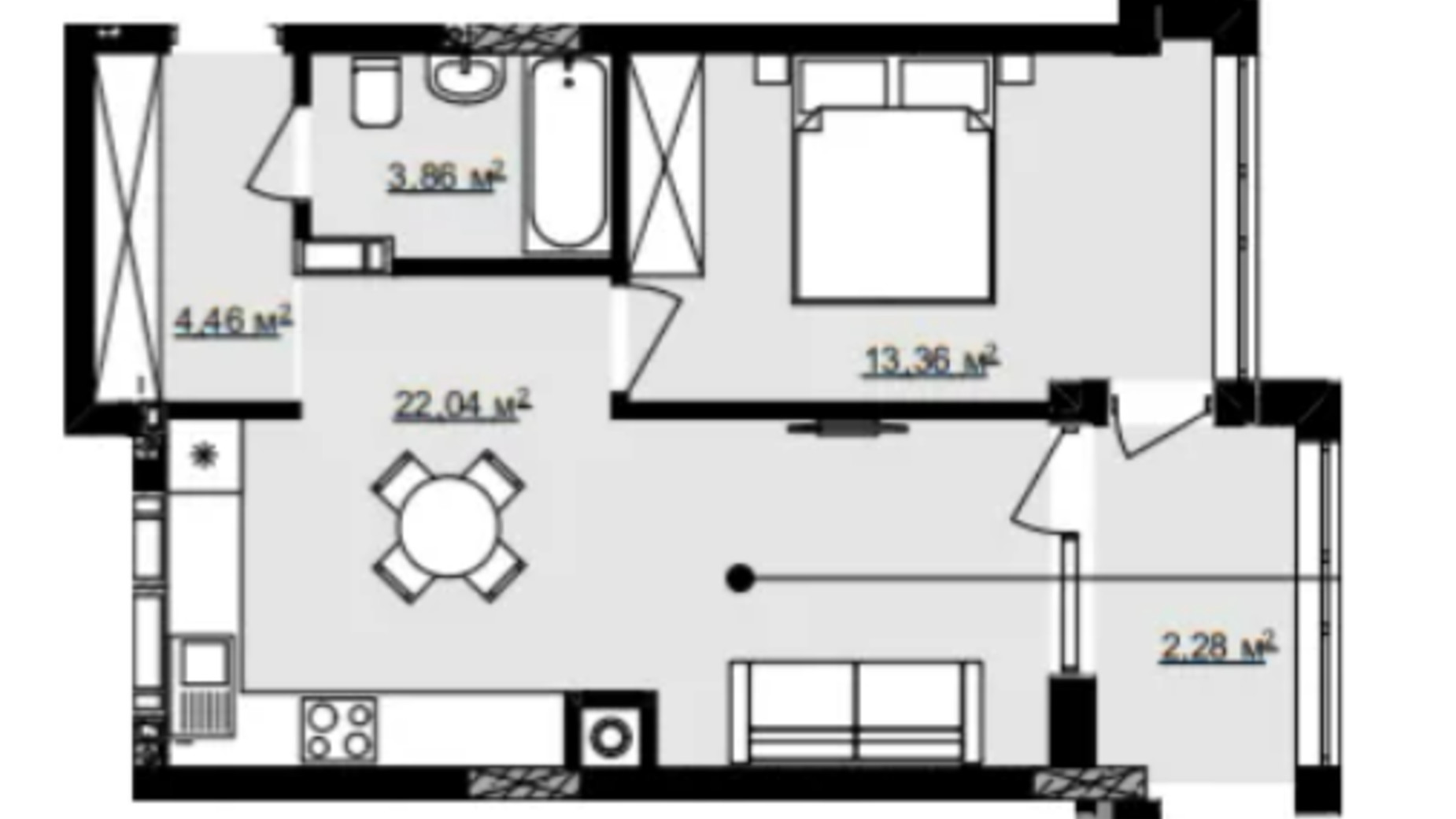 Планування 1-кімнатної квартири в ЖК В4 45 м², фото 574534