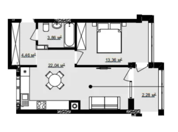 ЖК В4: планировка 1-комнатной квартиры 45 м²