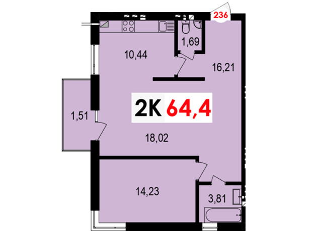 ЖК Долішній: планировка 2-комнатной квартиры 64.4 м²